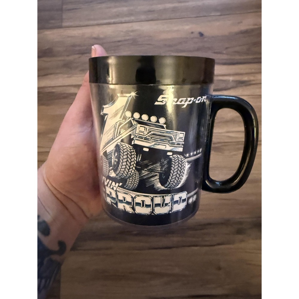 Snap-on Drivin Proud Black Plastic Insulated Coffee Mug Truck Vintage Logo